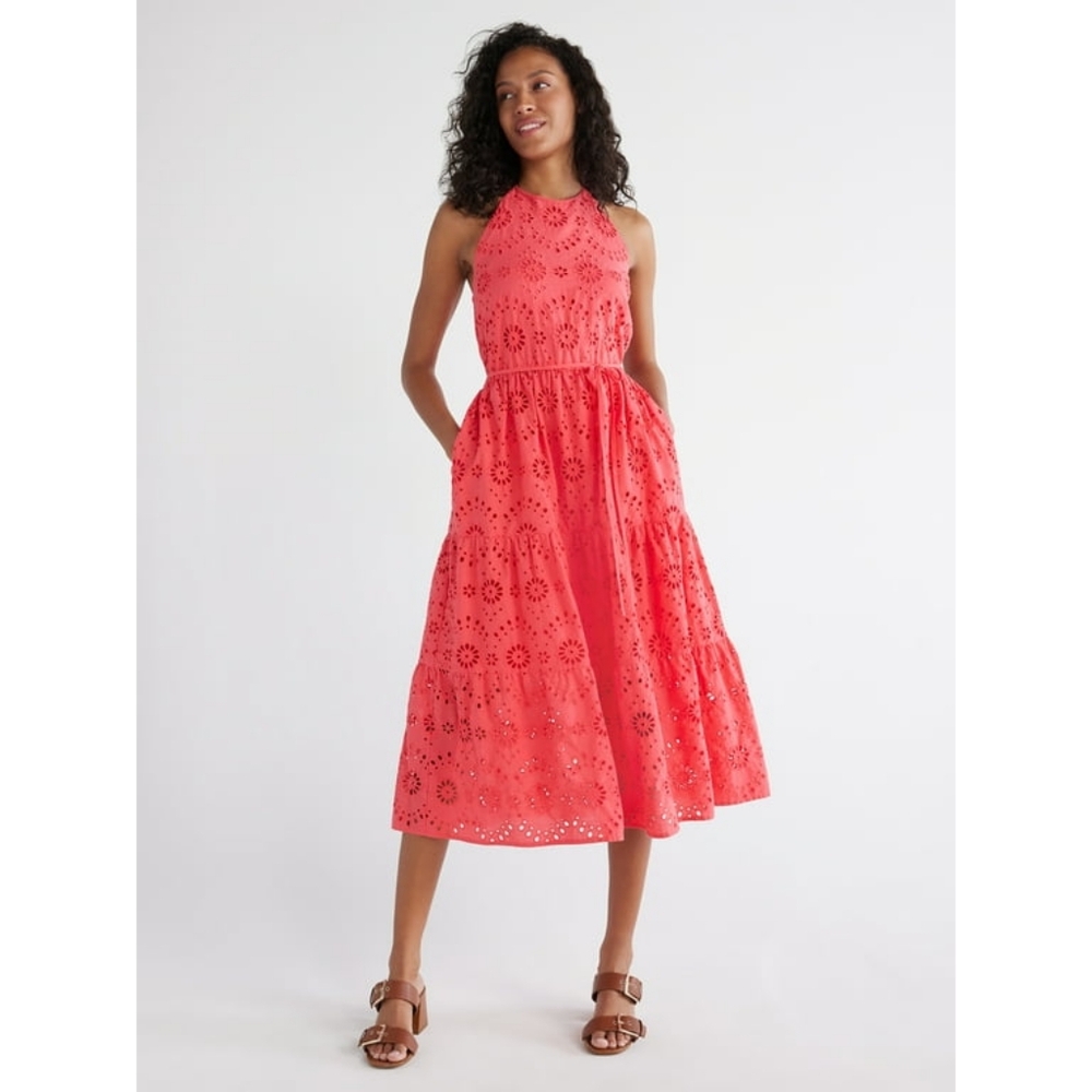 Time & Tru Eyelet Halter Midi Dress Tiered Skirt Paradise Pink Sz L BNWT